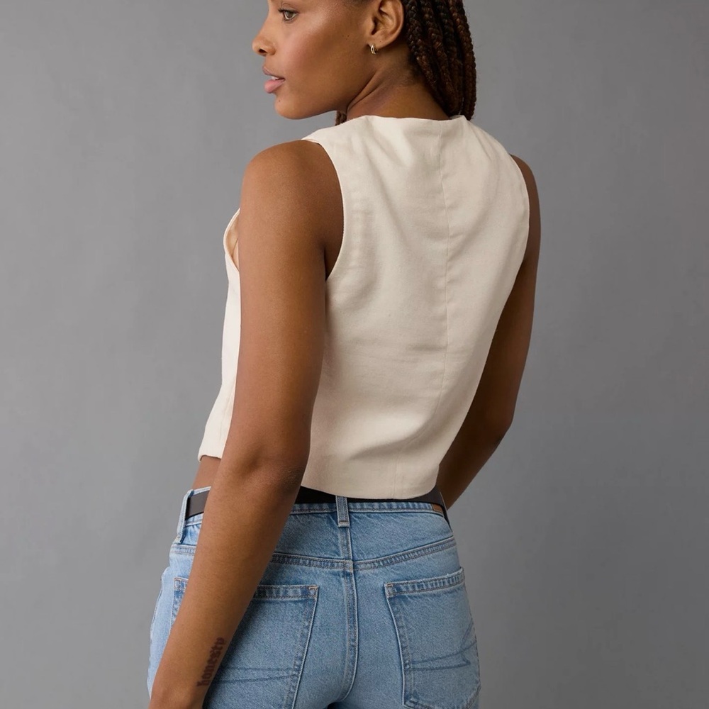 American Eagle Linen Blend Cream Vest Sz L Boho Festival Natural - Picture 2 of 11